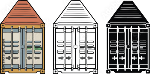 Shipping container silhouette & Outline and illustration set isolated on transparent background