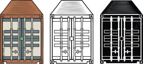 Shipping container silhouette & Outline and illustration set isolated on transparent background