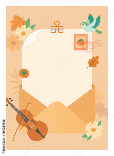 Wallpaper Mural Warm Autumn Envelope Letter Frame Vector Illustration, Vintage Fall Stationery Background with Music and Nature Elements Torontodigital.ca