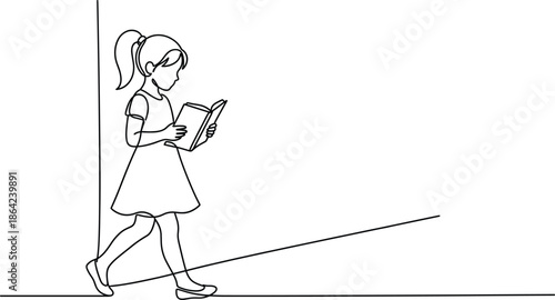 Continuous one line drawing of little girl walking and reading a book for education literacy student back to school vector.