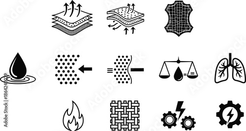 Black, and, white, icon, set, representing, technical, fabric, performance, materials, waterproof, breathable, textile, properties, leather, lungs, fire, and, industrial, gear, symbols