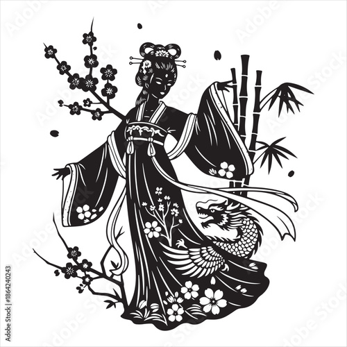 Traditional Asian Woman Cultural Line Art Vector