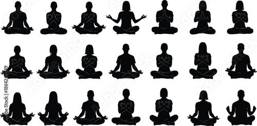 Black, and, white, silhouette, collection, of, twenty, people, in, meditation, poses, lotus, positions, mindfulness, yoga, zen, wellness, sitting, exercise, icons