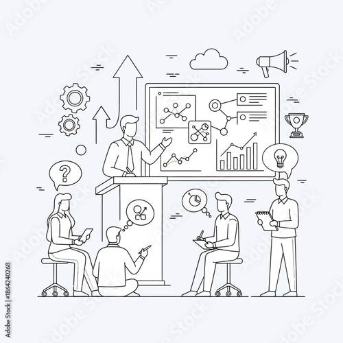 Business presentation with a speaker at a podium and attendees discussing strategy, growth, and data analysis.