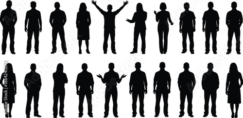 Black, and, white, silhouette, collection, of, twenty, people, standing, in, various, poses, for, business, team, group, community, diversity, social, and, professional, designs