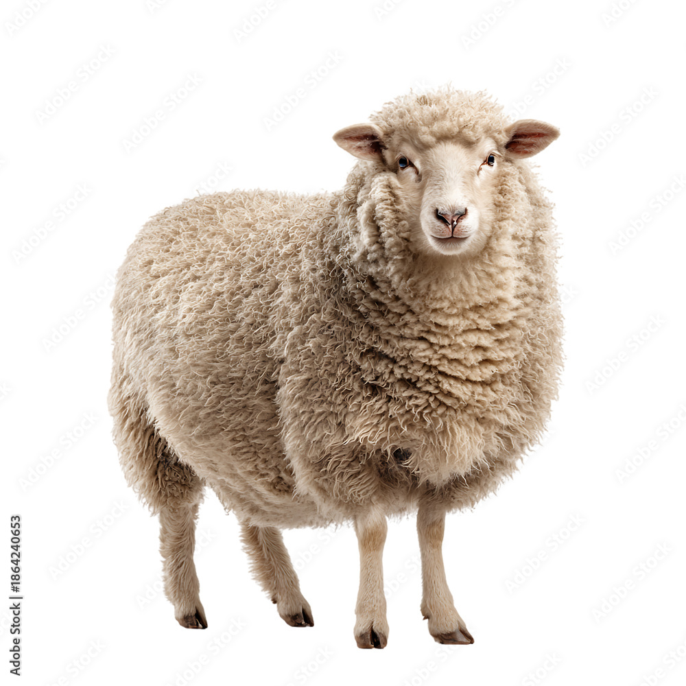 Fototapeta premium Fluffy white sheep standing alone on black background