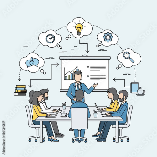 Business meeting with a presenter and team discussing ideas, strategy, and project management around a conference table with various conceptual icons.