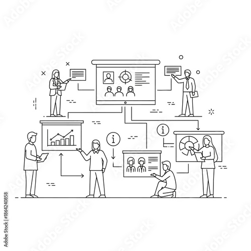 A detailed line art illustration showing a business team collaborating on data analysis, presentations, and workflow management with interconnected screens and diagrams.
