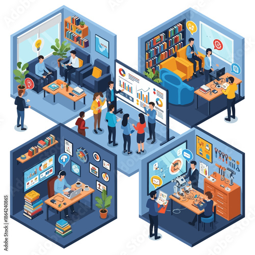Isometric illustration of a modern innovation hub with various teams collaborating on technology, engineering, and creative projects in different specialized rooms.
