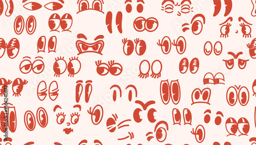 Seamless pattern with wonky eyes. Retro cartoon characters funny mouths. Vintage 30s, 50s, 60s old animation, comic mouth elements. Hand drawn eyes punk background. Drawn girly style seamless pattern.