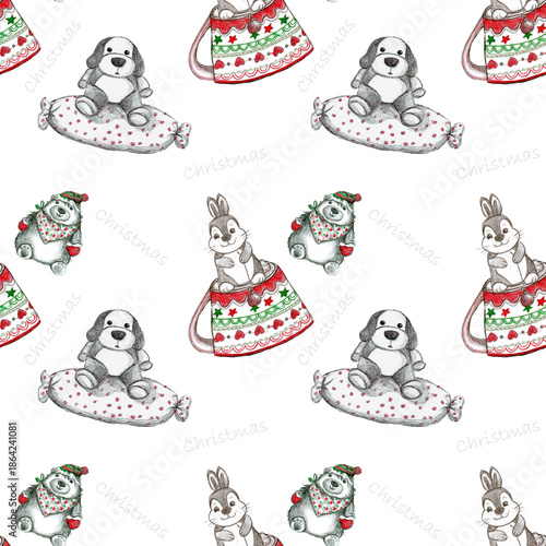 pattern con disegni di graziosi animali a tema natalizio, cane, coniglio, orso, illustrazione isolata