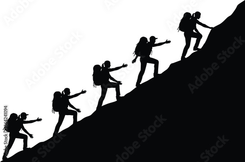 Black, and, white, silhouette, of, hikers, climbing, steep, mountain, slope, teamwork, helping, hand, support, success, achievement, outdoor, adventure, hiking, group