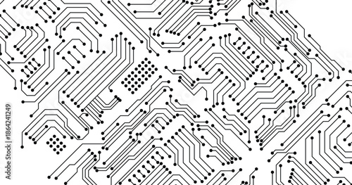 Circuit. Computer motherboard, microchip electronic technology. Hardware circuits board line vector texture. High tech pc processor abstract background with lines and dots illustration.