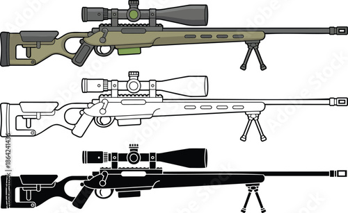 Sniper rifle silhouette & Outline and illustration set isolated on transparent background