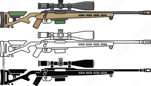 Sniper rifle silhouette & Outline and illustration set isolated on transparent background