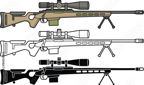 Sniper rifle silhouette & Outline and illustration set isolated on transparent background