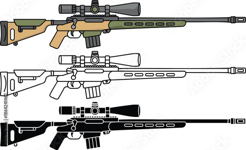 Sniper rifle silhouette & Outline and illustration set isolated on transparent background