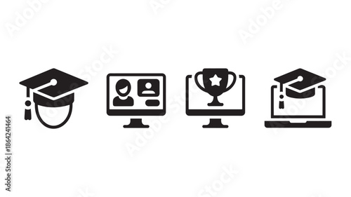 Graduation Icons in Simple Flat Design with Black Color on White Background for Educational Website