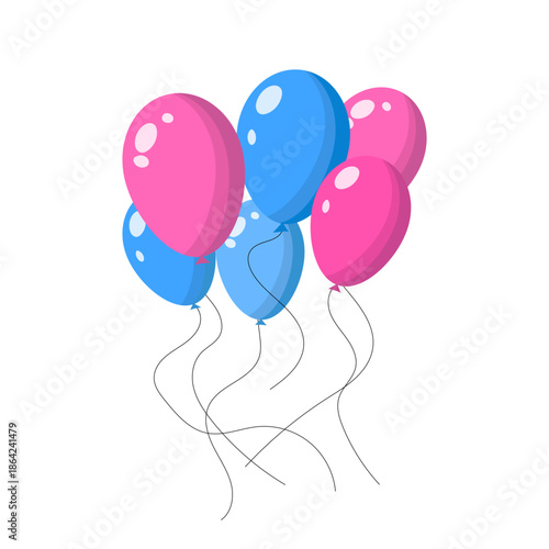 Illustration scene of blue pink balloons on a black thread without background