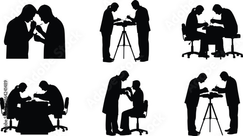 Black, and, white, silhouette, set, of, medical, and, dental, examination, scenes, with, doctors, examining, patients, using, professional, equipment, in, clinics