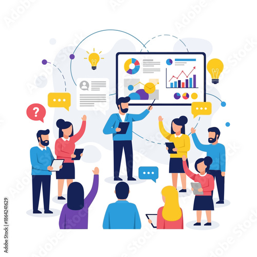 A group of diverse professionals attending an interactive business presentation or training session with a speaker and data visualization.