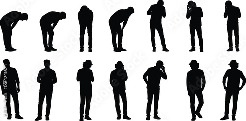 Black, and, white, silhouette, set, of, sixteen, people, in, various, standing, bending, and, leaning, poses, for, human, movement, group, and, community, design