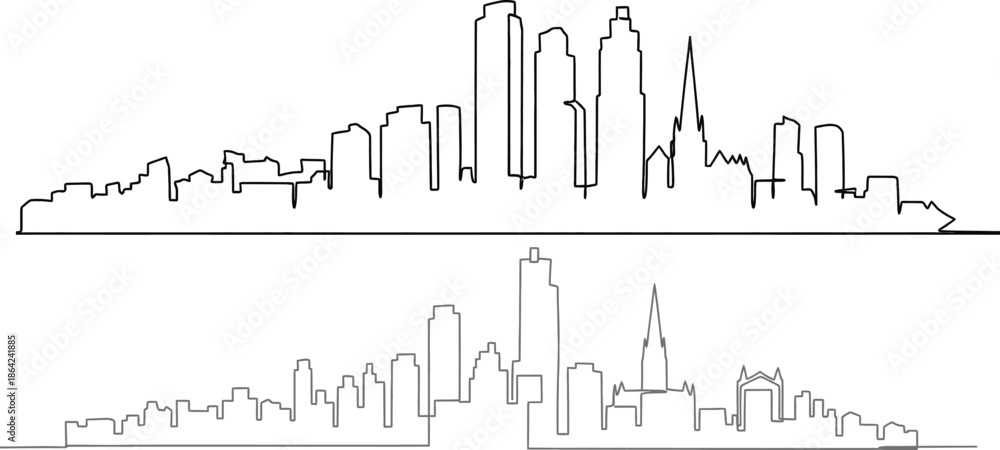 Obraz premium Abstract cityscape outline illustration in black and white, showcasing modern architecture and urban skylines