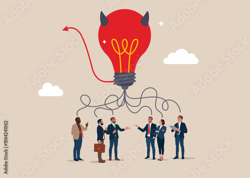 People team think about devil lightbulb. Colleague interaction and communication. Bad idea cause problem and failure, poor idea or stupid mistake, disappointment from rejected, evil and negative opini