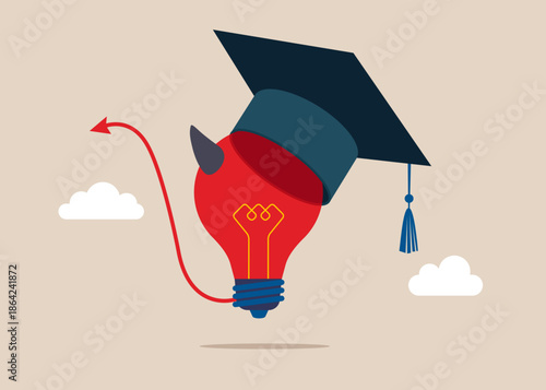 Devil lightbulb wearing academic graduation mortarboard hat. Education curriculum, overseas college and university. Bad idea cause problem and failure, poor idea or stupid mistake, negative opinion