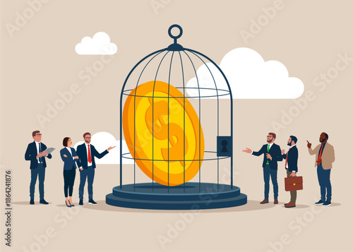 Business team stand with gold dollar coin under bird cage.  Flat vector illustration