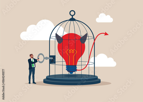 Businessman stand with devil lightbulb under bird cage. Protect Bad idea cause problem and failure, poor idea or stupid mistake, disappointment from rejected, evil and negative opinion. Vector