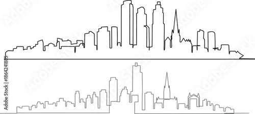 Abstract cityscape outline illustration in black and white, showcasing modern architecture and urban skylines