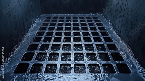 Close up of an oily residue coating a metal grating surface with a dark industrial texture