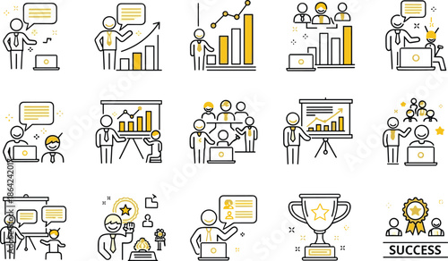 Business Line Art Icon Set, Teamwork Scenarios, Black and Yellow Success Charts, Collaborative Corporate Growth Vector Illustrations.