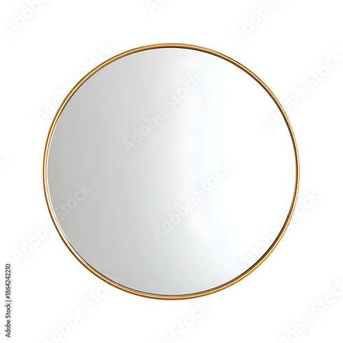 A round mirror with a thin gold frame, reflecting a bright, empty space, isolated on a white background.
