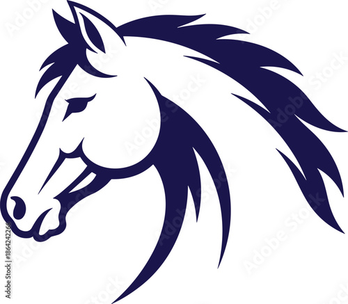 Stylized Blue Horse Head Profile Illustration Featuring A Flowing Mane And Powerful Equestrian Design Isolated On A White Background,