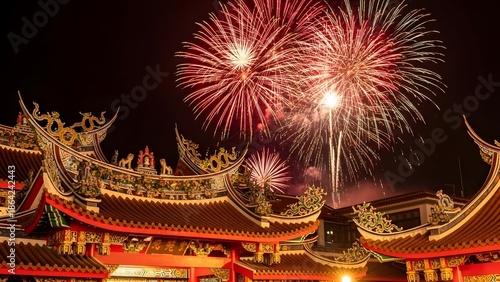 Spectacular red and white fireworks bursting high above the elaborate curved rooftops of a majestic chinese temple during night celebration