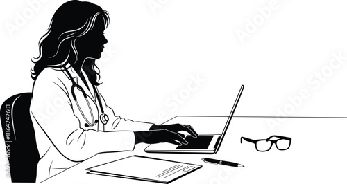 Female Doctor Silhouette Wearing Stethoscope Typing on Laptop at Desk with Glasses and Pen in Minimalist Medical Office Workspace Scene