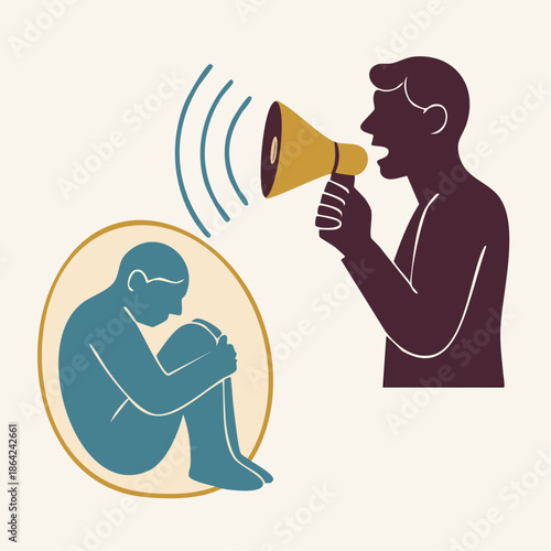 echoes of harm; stylized figure with megaphone confronts curled silhouette in metaphor of emotional impact