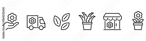 Floral icons set with delivery truck leaves potted plants and flowers