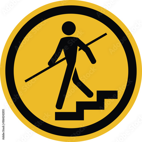 Yellow Caution Sign Featuring Person with Blind Cane Walking Down Stairs