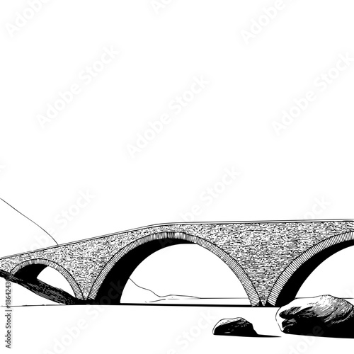 A black and white sketch of a stone bridge with three arches over water and rocks in the foreground view