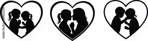 Set of mother and child silhouettes inside heart shapes isolated on white background for Mothers Day greeting cards and family love concepts