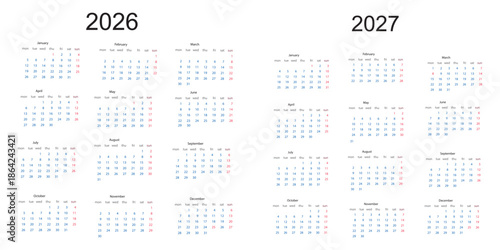 Annual planner, 2026 -2027 year wall calendar for monthly and daily agenda. Colorful schedule page journal, stationery calendar, organizer, planner template with twelve months vector illustration