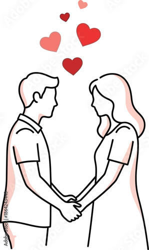 Couple holding hands silhouette with hearts floating above romantic connection and love story illustration for Valentines day
