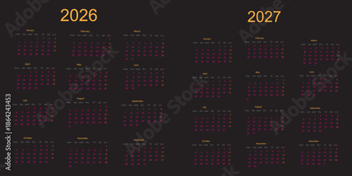 Annual planner, 2026 -2027 year wall calendar for monthly and daily agenda. Colorful schedule page journal, stationery calendar, organizer, planner template with twelve months vector illustration