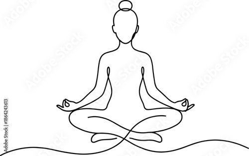 Minimalist continuous one line drawing of a woman practicing yoga in lotus position for meditation, wellness, and mental health balance. (20 words)