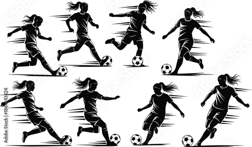 Black silhouettes of female soccer players dribbling and kicking ball set isolated on white background, womens football sports action collection