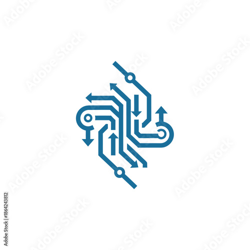 Modern corporate solution illustration featuring circuit board design with directional arrows indicating flow and connectivity in a technical environment
