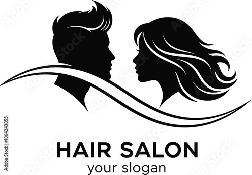 Minimalist, hair, salon, logo, design, with, black, male, and, female, silhouette, profiles, facing, opposite, directions, for, professional, beauty, and, styling, services